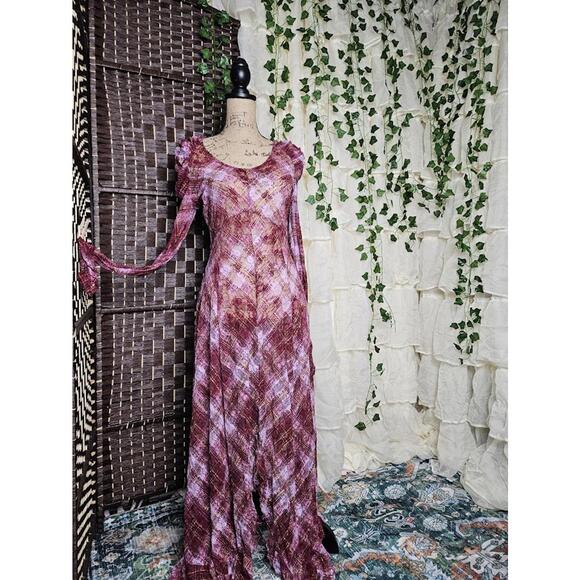 Free People Dresses & Skirts - Free People Intimately Sheer Lace Pink and Burgundy Plaid Long Dress *RARE*